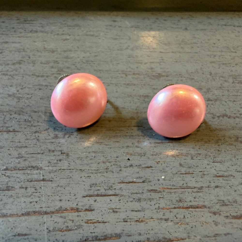 Vintage Pink Faux Pearl Screw Back Earrings Mid Century Retro Round Studs